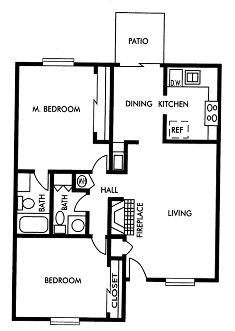 Floor plan for 2 beds, 1.5 baths, 951 sqft